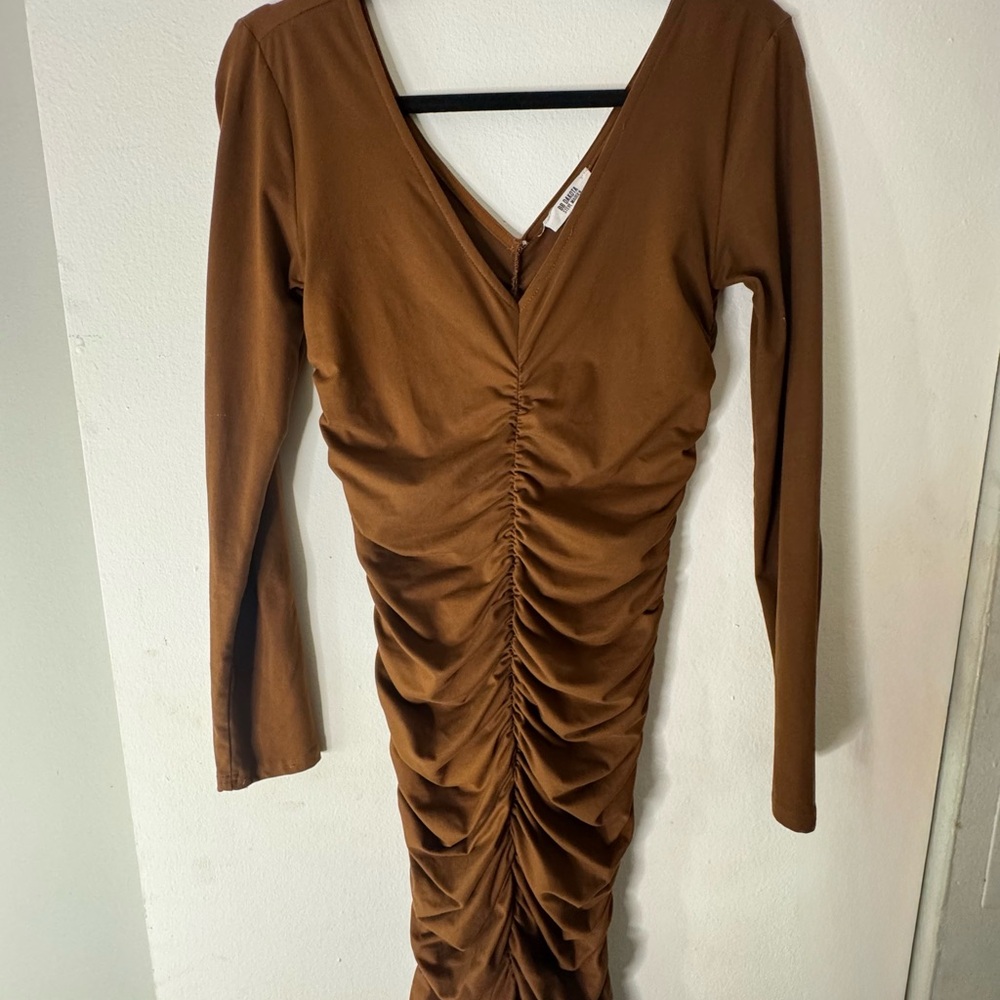 Brown Ruched Long Sleeve Dress